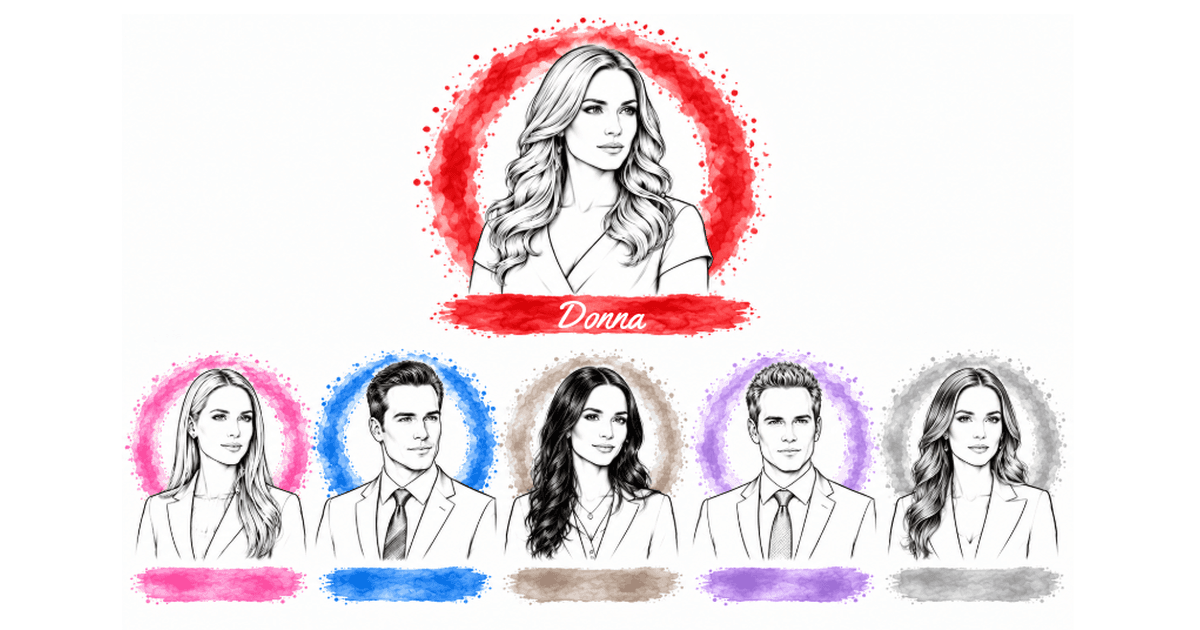 An illustrated roster in fine line art. Donna is centered above, ringed in red and named. Five unnamed agents sit in a row beneath her, each ringed in a different color.